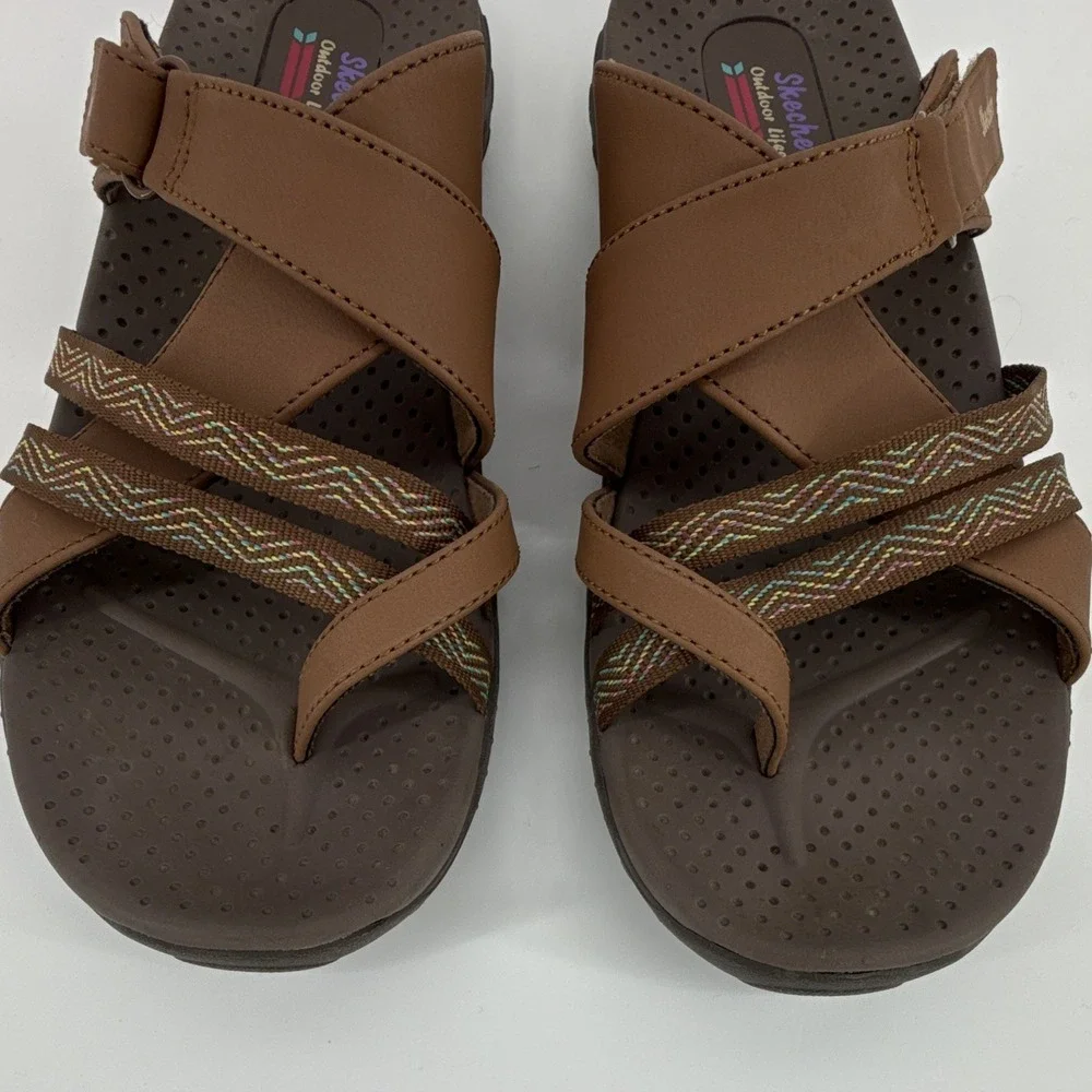 Skechers Womens 10 Sandals brown strappy Memory Foam Hook & Loop comfort travel